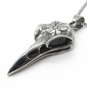Viking Raven Crow Skull Pendant Necklace Stainless Steel Vegvisir